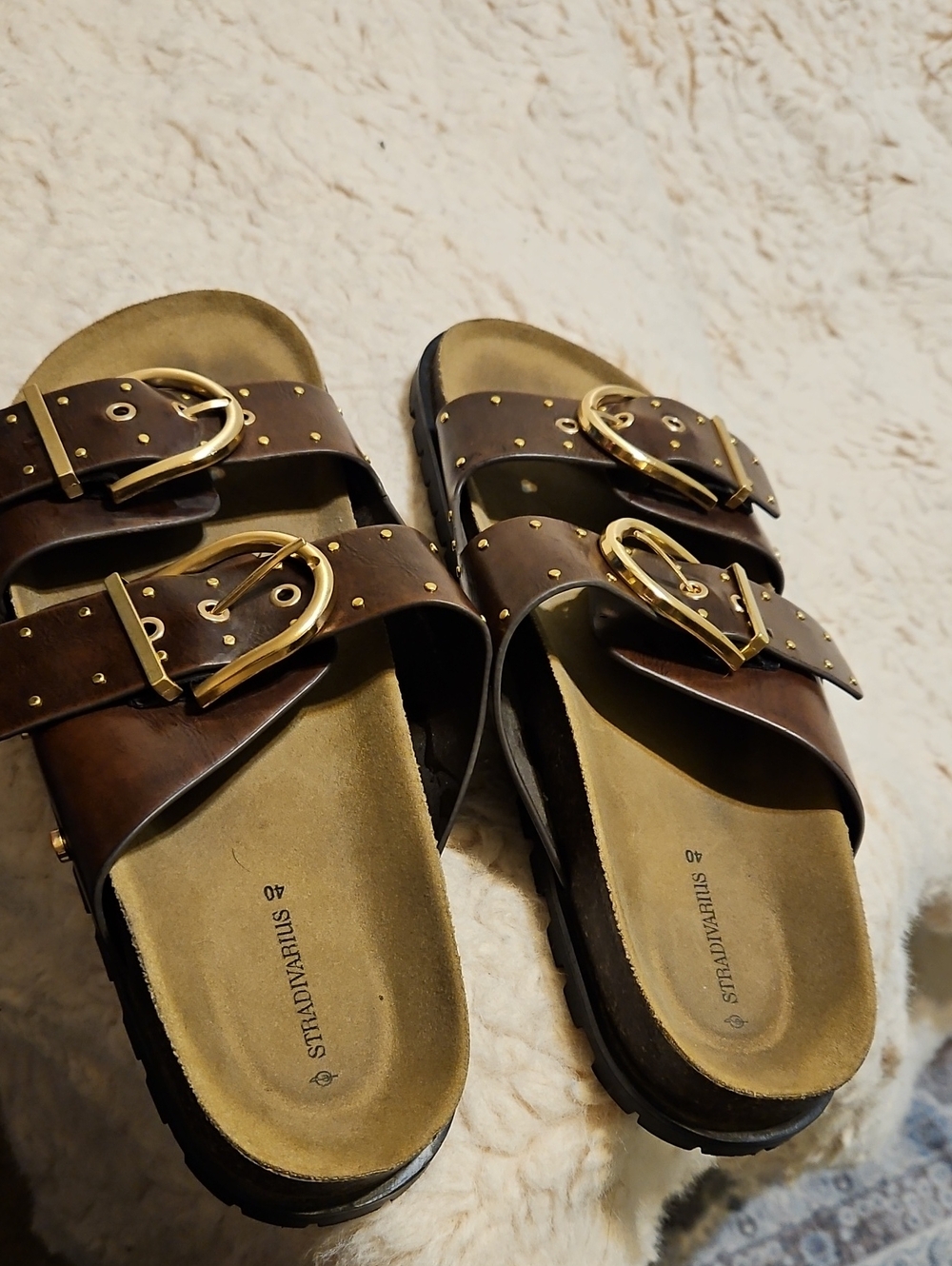 stradivarius Brown Leather Double-Buckle Stud Sandals with Gold Hardware